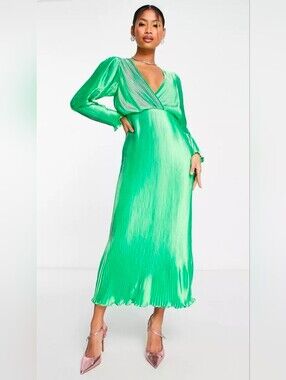 ASOS Desing Premiun Emerald Green Pleated V‑Neck Plunge Midi Dress Size 8